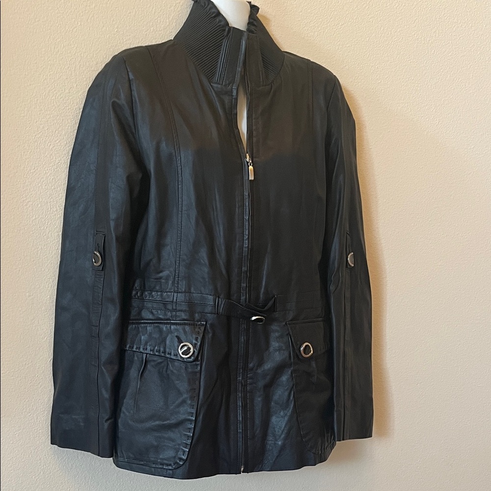 Bugatti Black Leather Zip-Front Jacket with Ribbed Stand Collar M/L black EUC